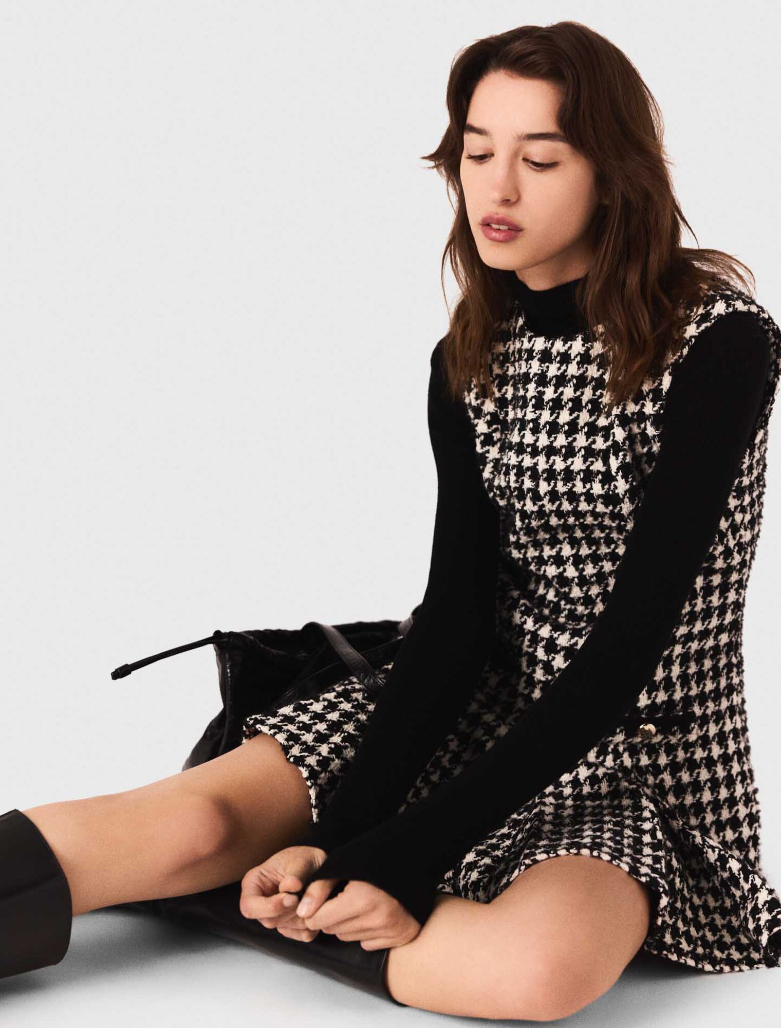 Flared houndstooth tweed dress