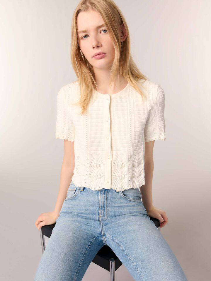 Beaded pointelle knit cardigan