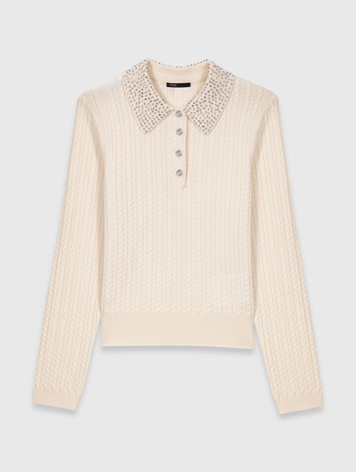 Knit polo shirt with rhinestone collar Knit polo shirt with rhinestone collar