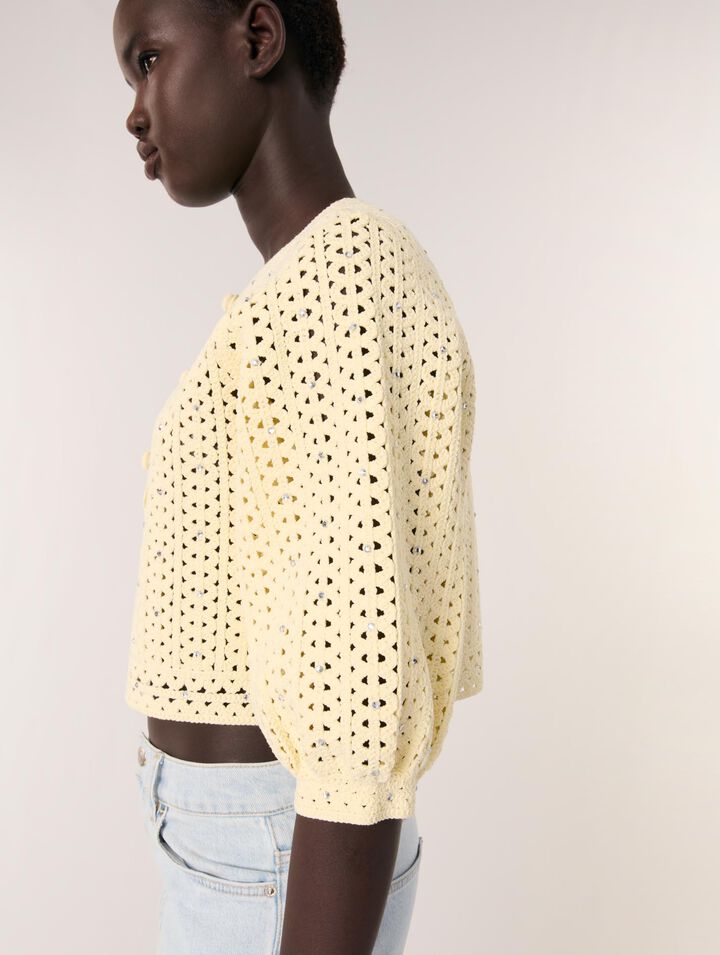 Cropped rhinestone crochet cardigan