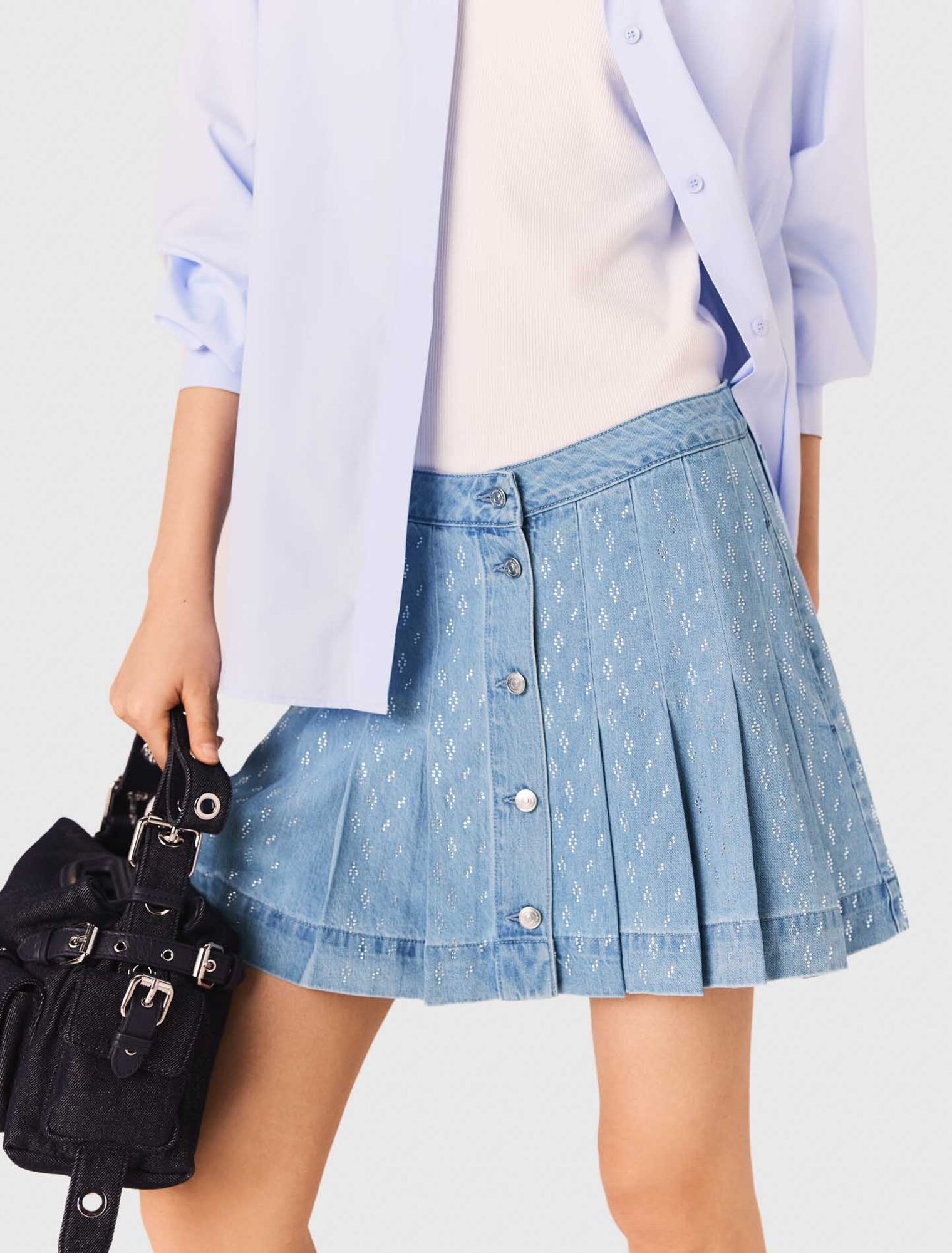 Rhinestone pleated denim skirt