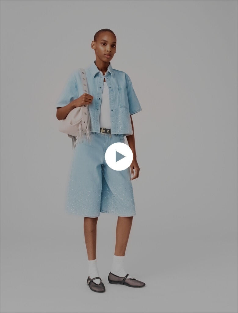 Cropped rhinestone denim shirt Blue Sky for Women | Maje