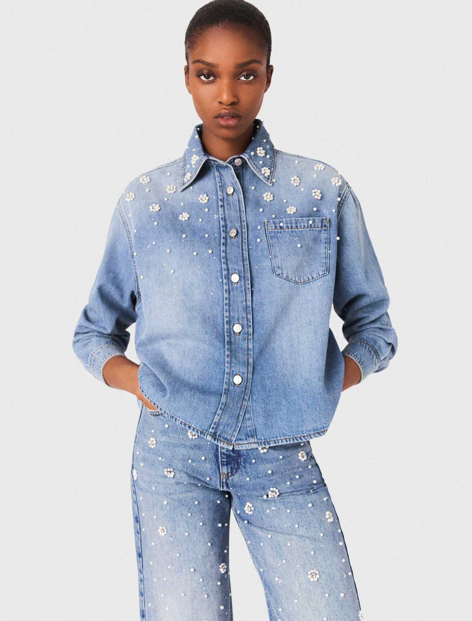 Denim shirt with embroidered beads Denim shirt with embroidered beads