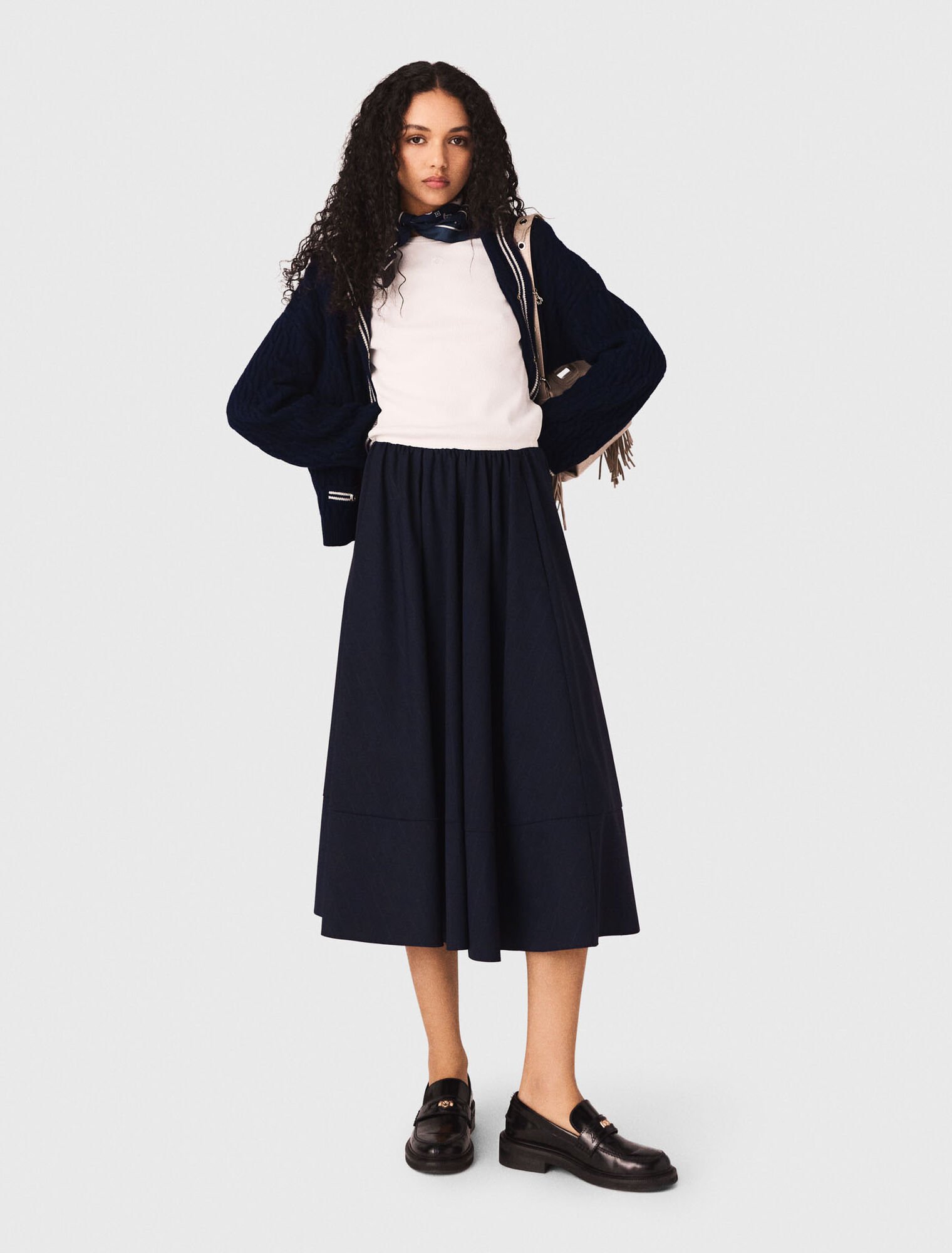 Striped tailored midi skirt