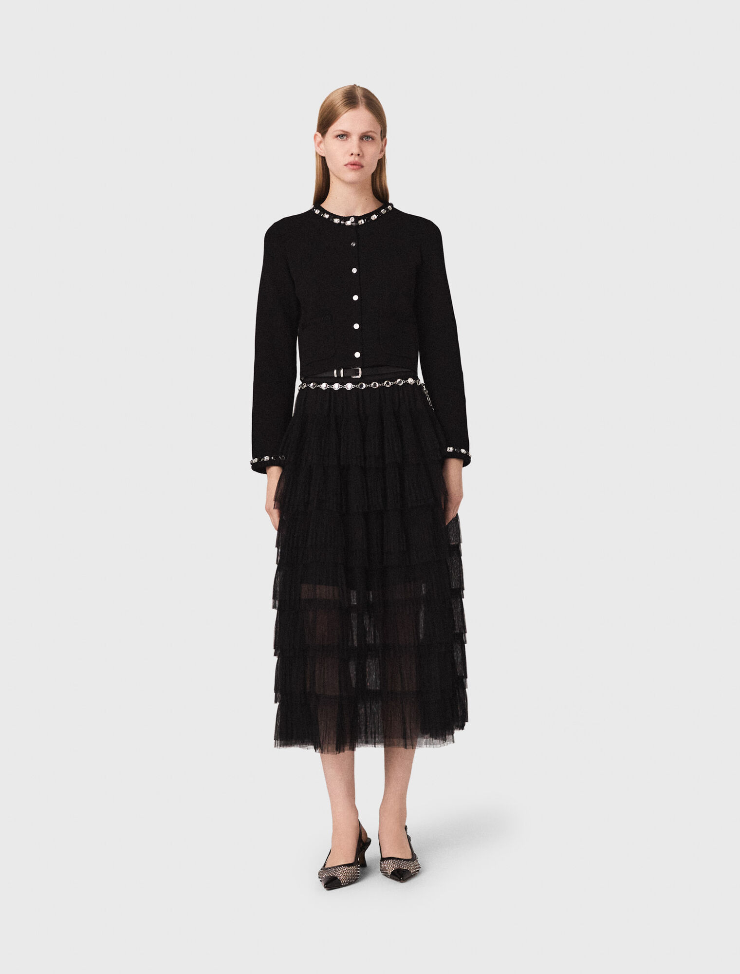 Cropped jewellery detail cardigan