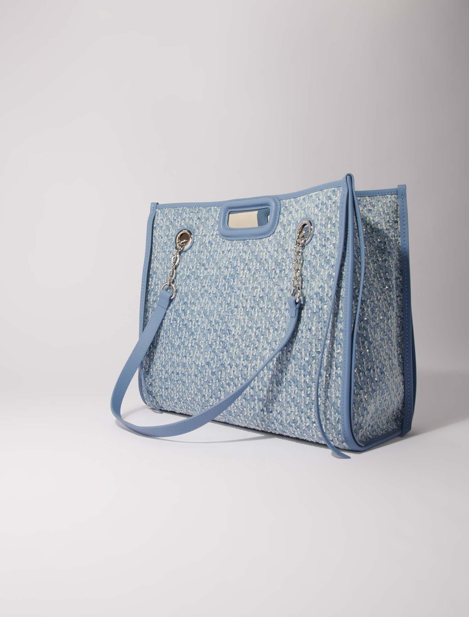 Denim and rhinestone tote bag