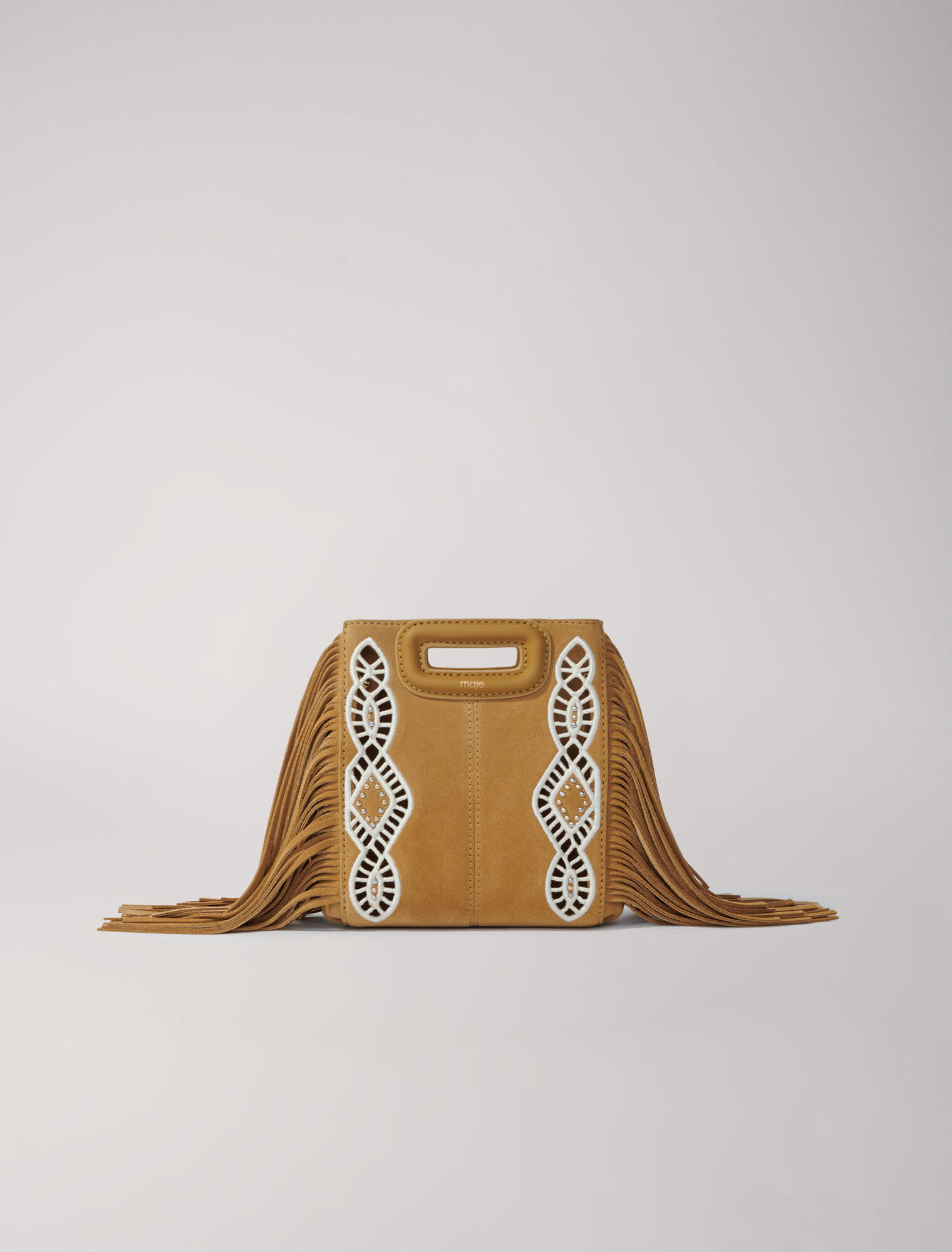 Embroidered suede fringed M mini bag