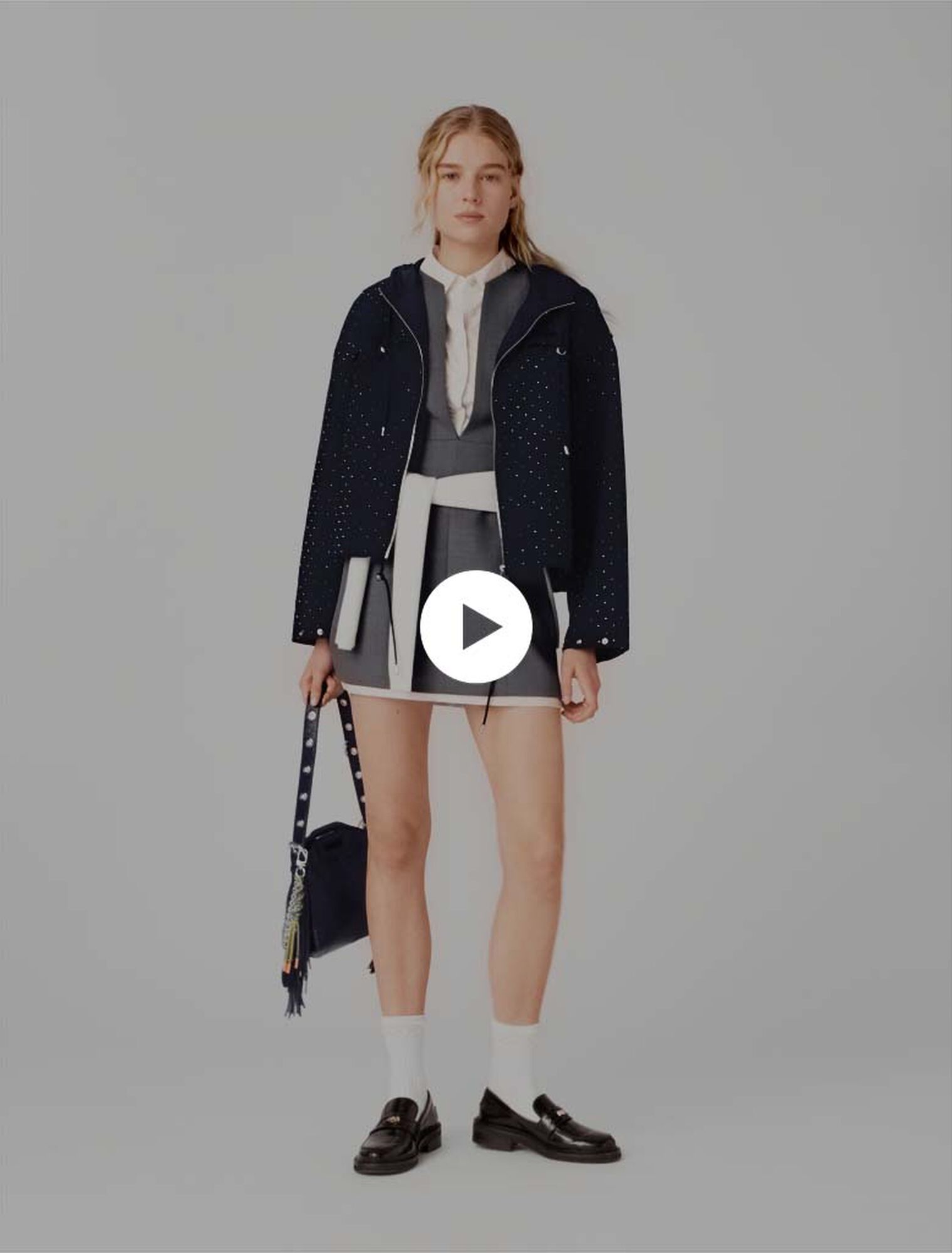 Hooded windbreaker with rhinestones