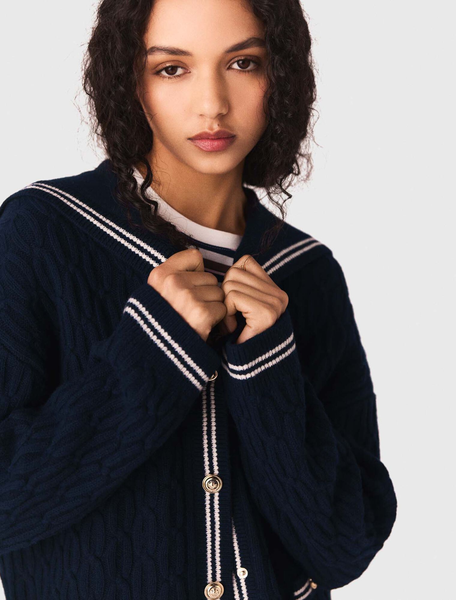 Boat neck cable-knit cardigan