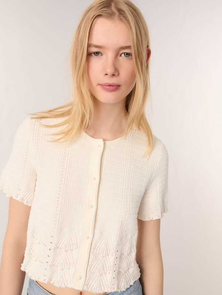 Beaded pointelle knit cardigan