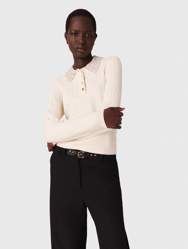 Knit polo shirt with rhinestone collar Knit polo shirt with rhinestone collar