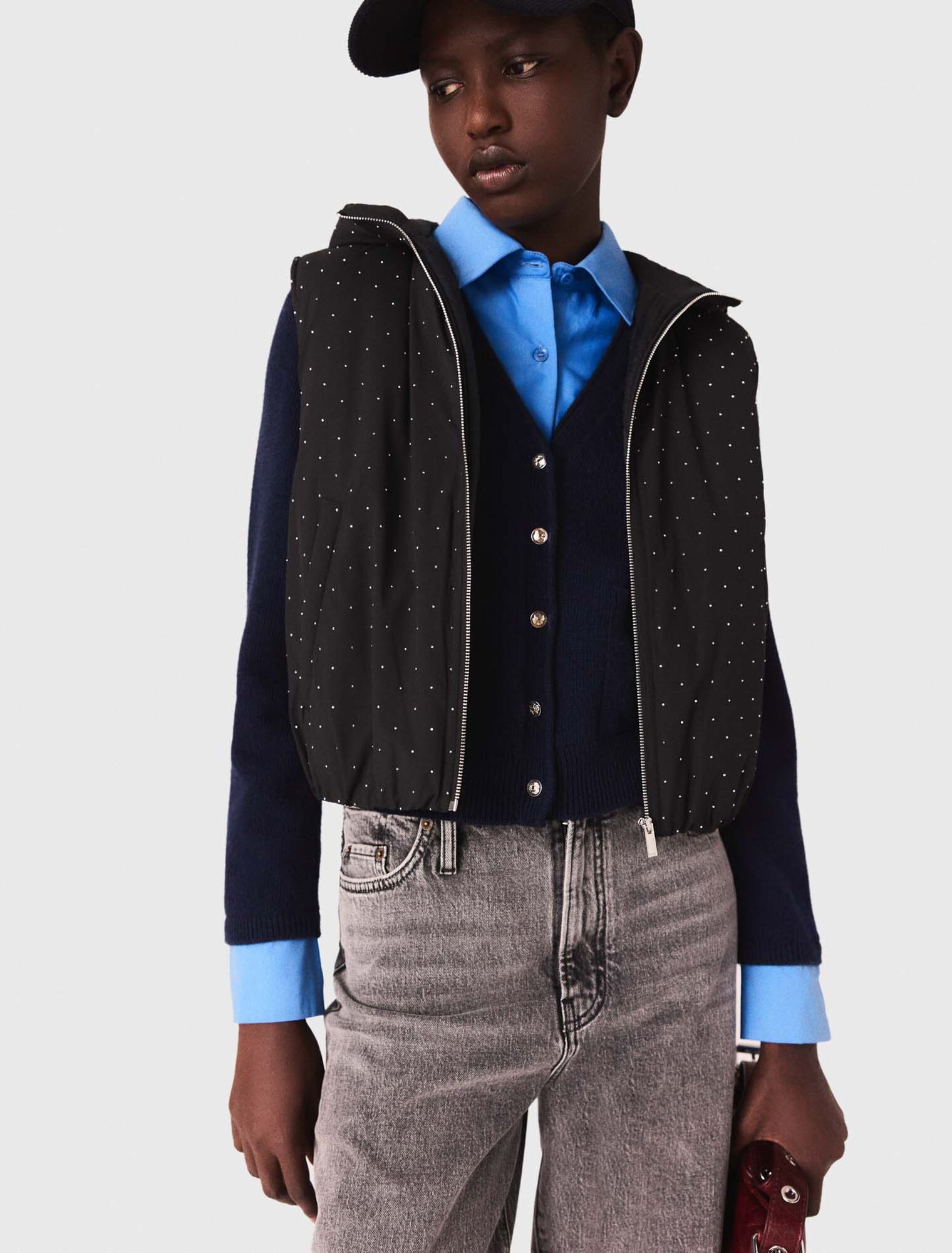 Rhinestone sleeveless puffer jacket