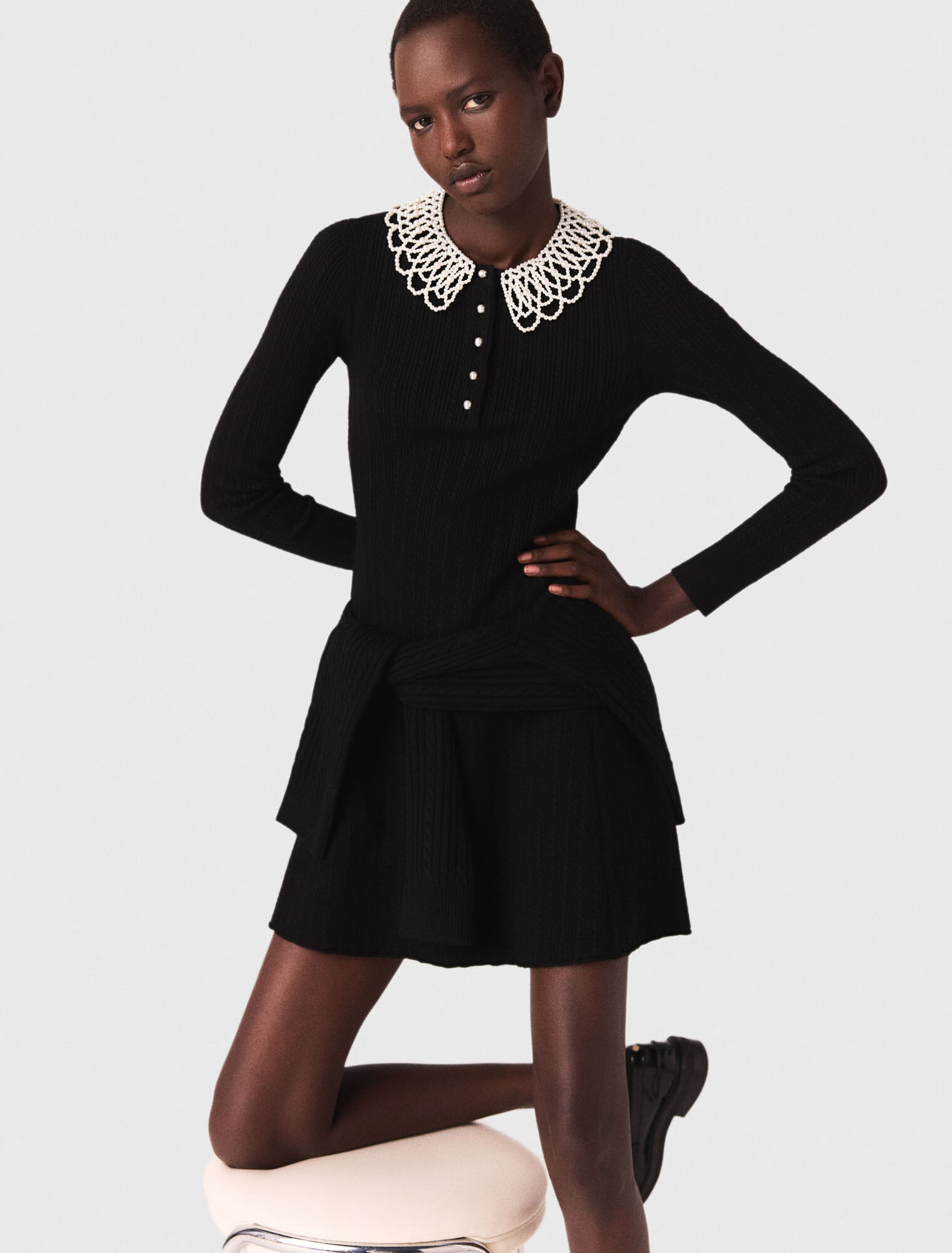 Short beaded-collar knit dress