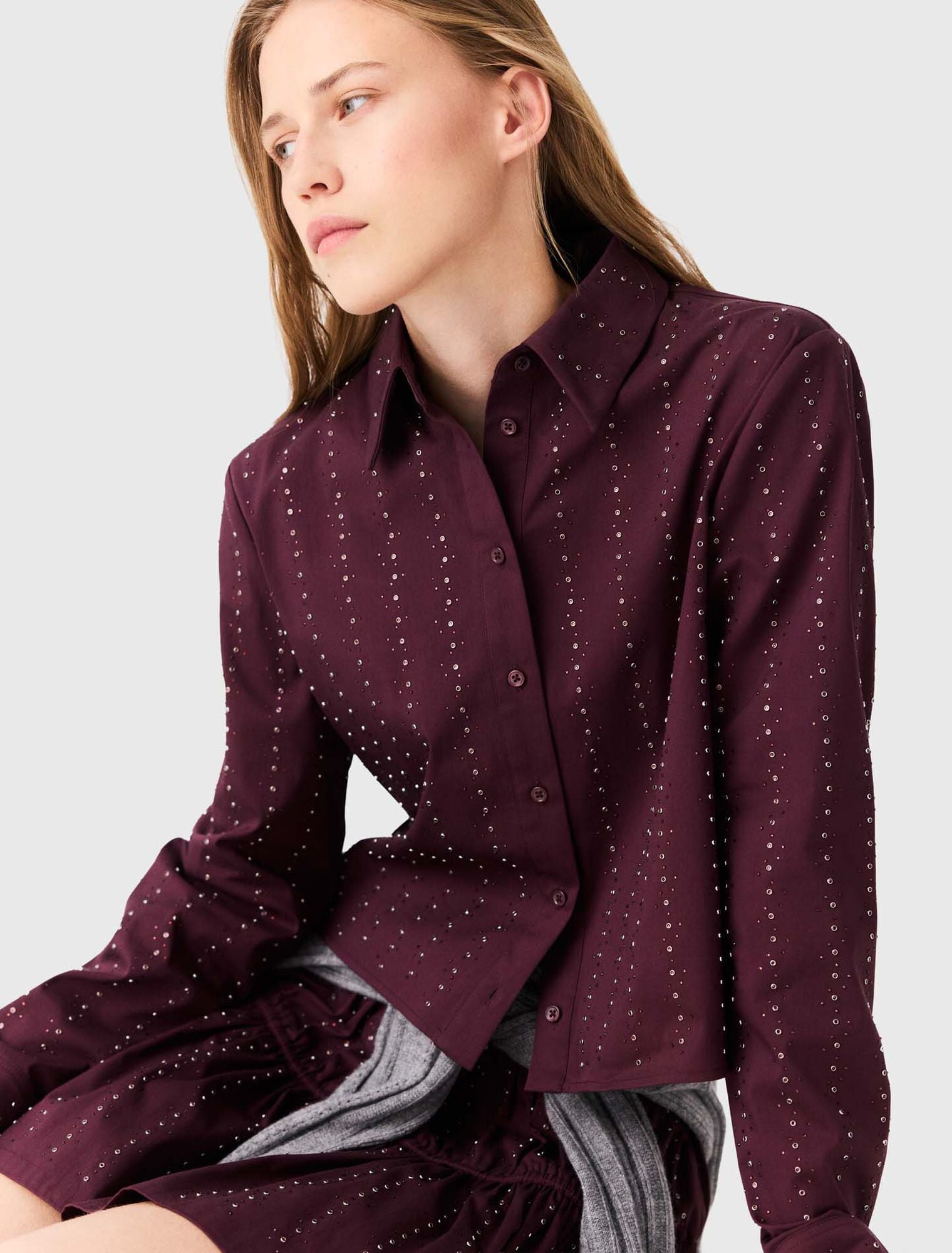 Cropped rhinestone cotton shirt