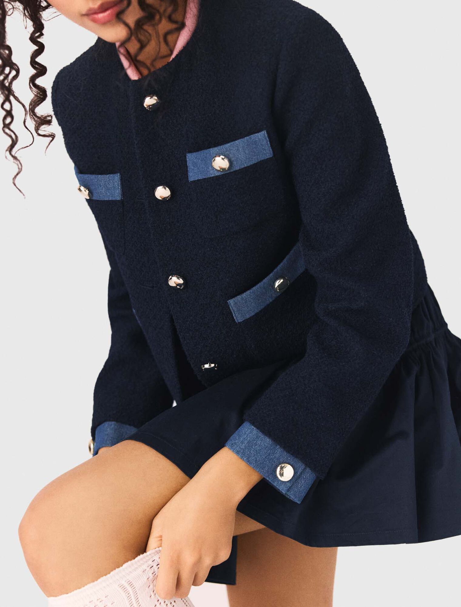 Tweed jacket with denim trim