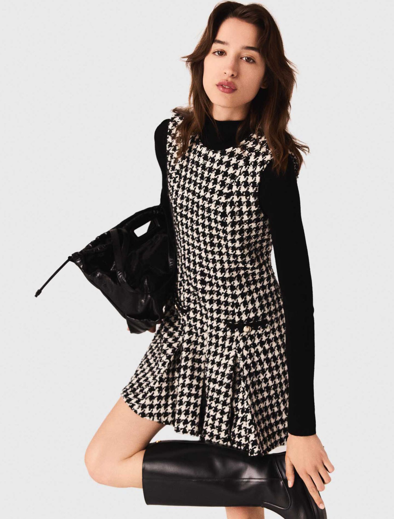 Flared houndstooth tweed dress