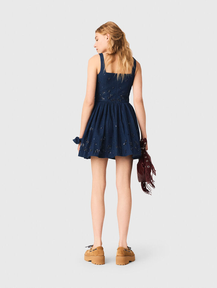 Flared embroidered denim dress