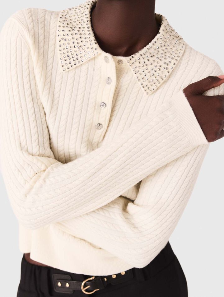 Knit polo shirt with rhinestone collar Knit polo shirt with rhinestone collar