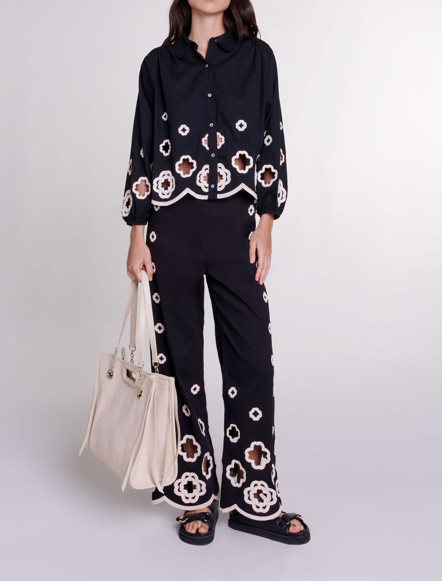 Wide-leg crochet trousers