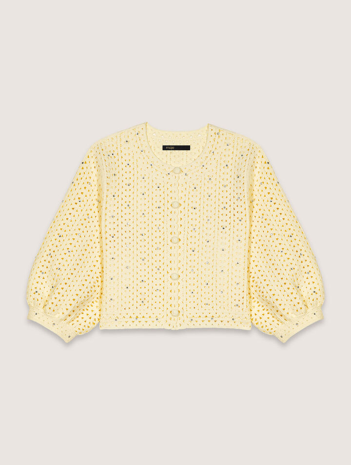 Cropped rhinestone crochet cardigan