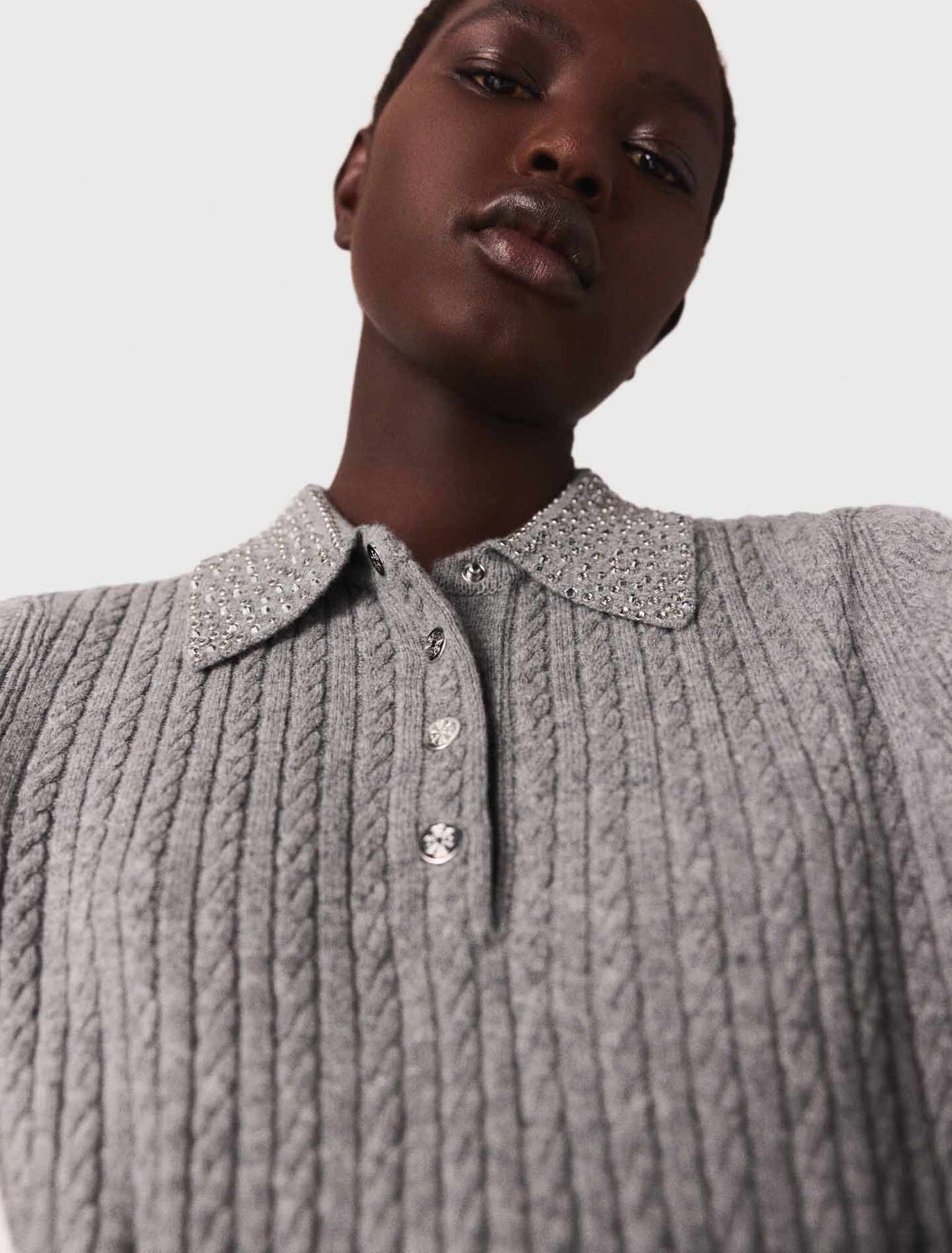 Wool polo shirt with rhinestone collar