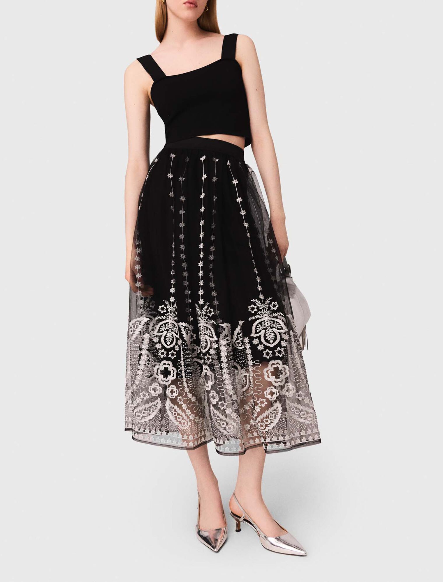 Long embroidered tulle skirt