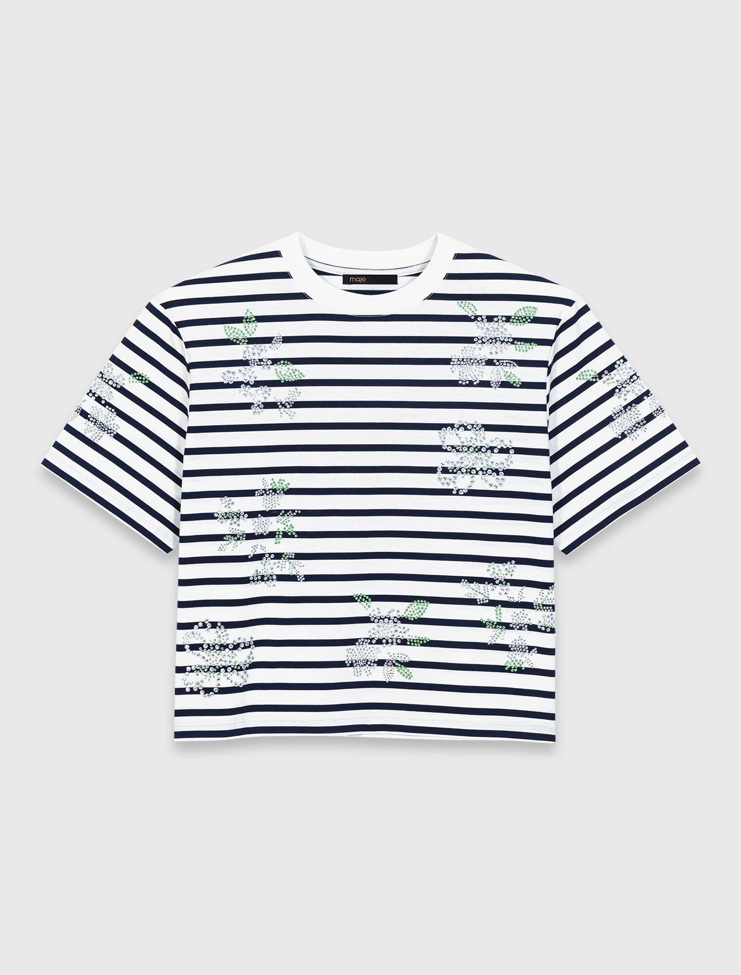 Striped rhinestone flower T-shirt