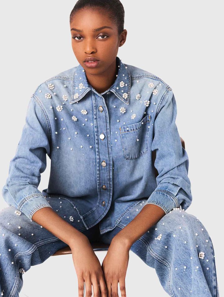 Denim shirt with embroidered beads