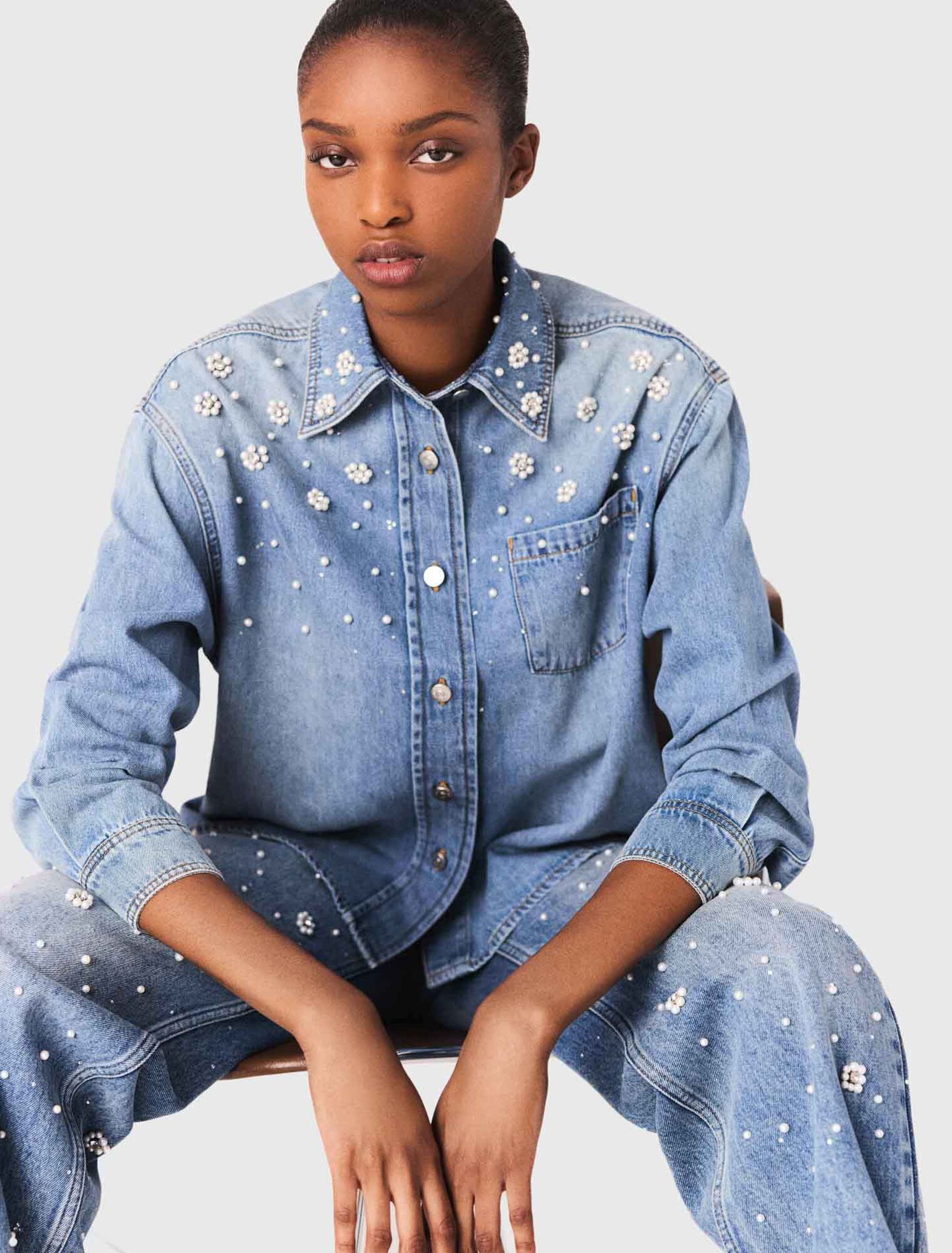 Denim shirt with embroidered beads Denim shirt with embroidered beads