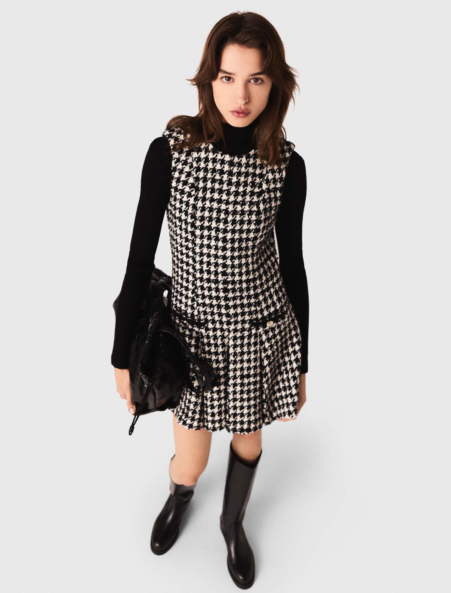 Flared houndstooth tweed dress