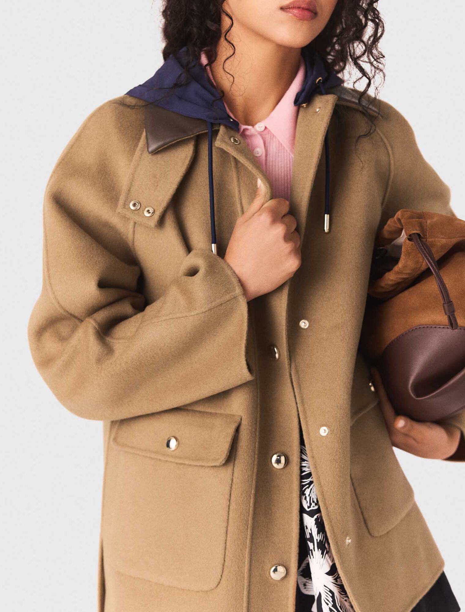 Wool coat with removable hood