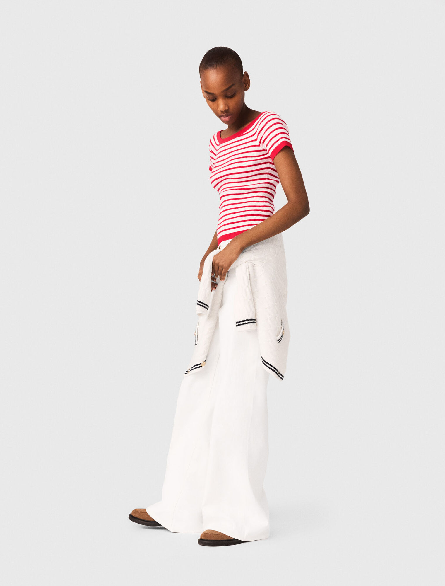 Striped knit top with boat neck