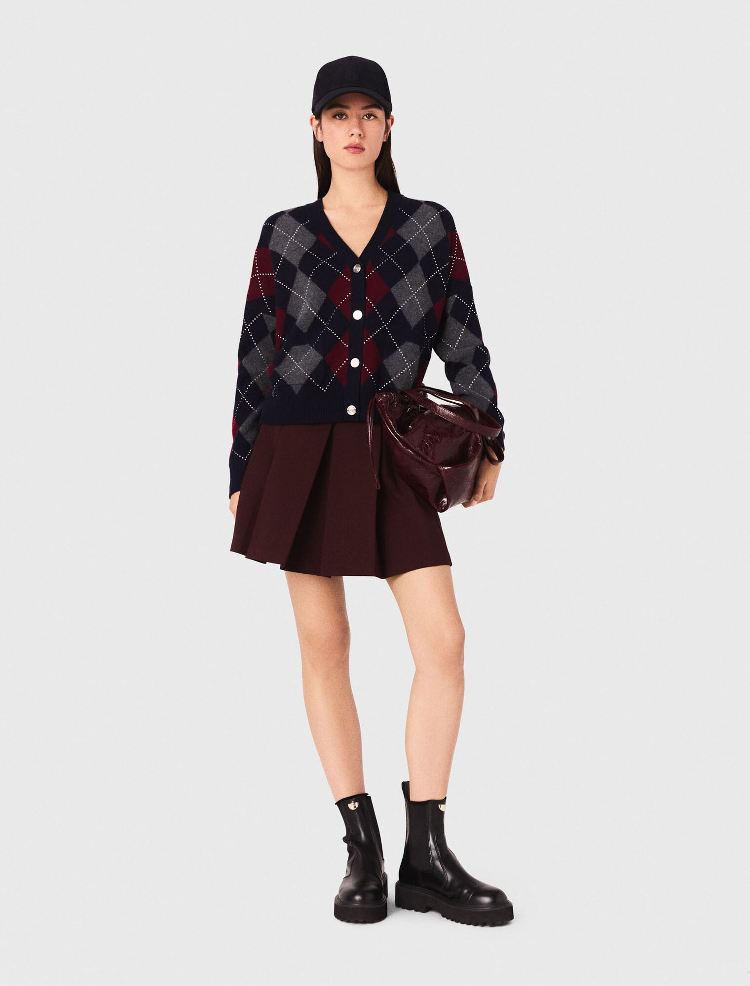 Cropped argyle pattern cardigan