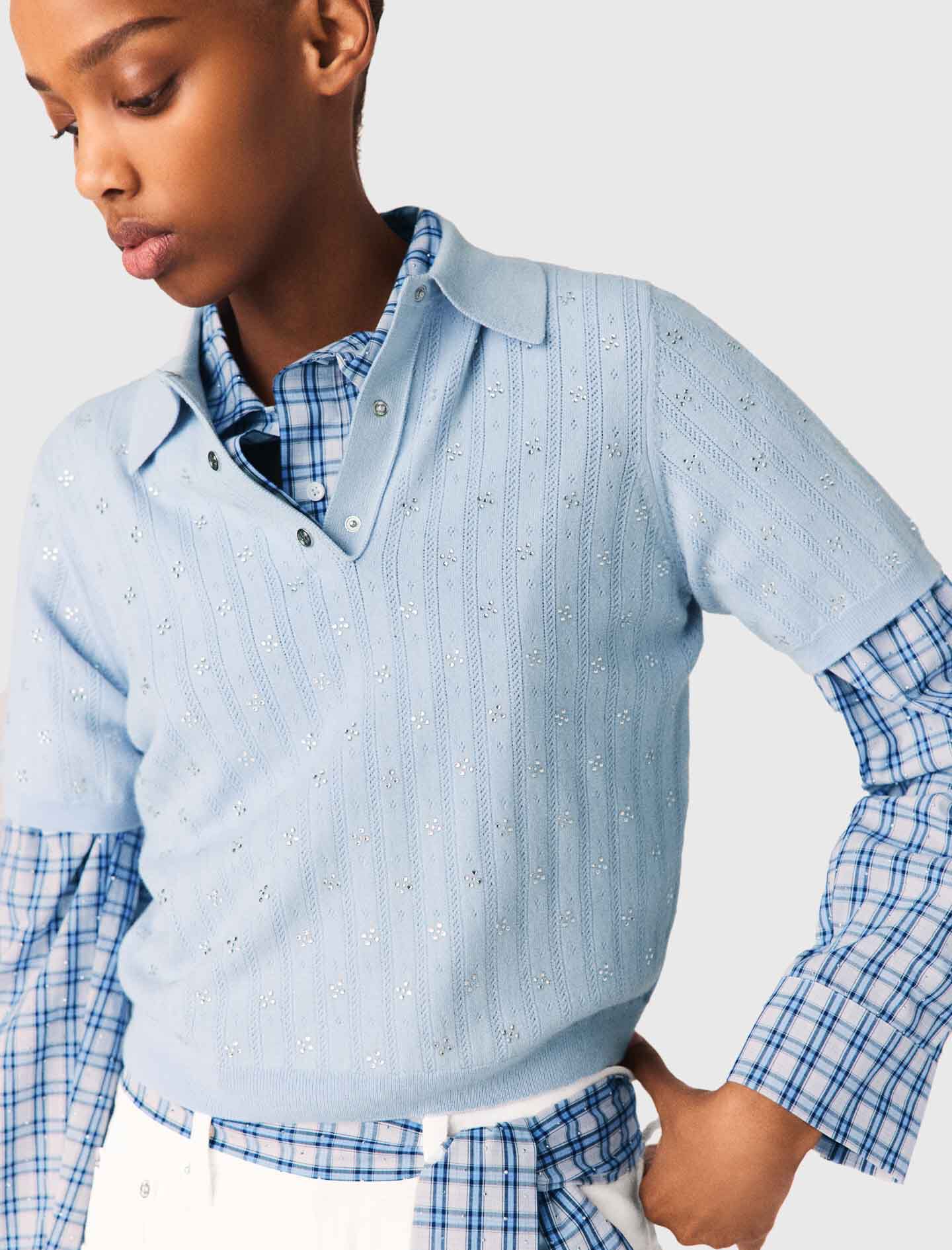 Cropped jumper with rhinestones Blue Sky for Women | Maje