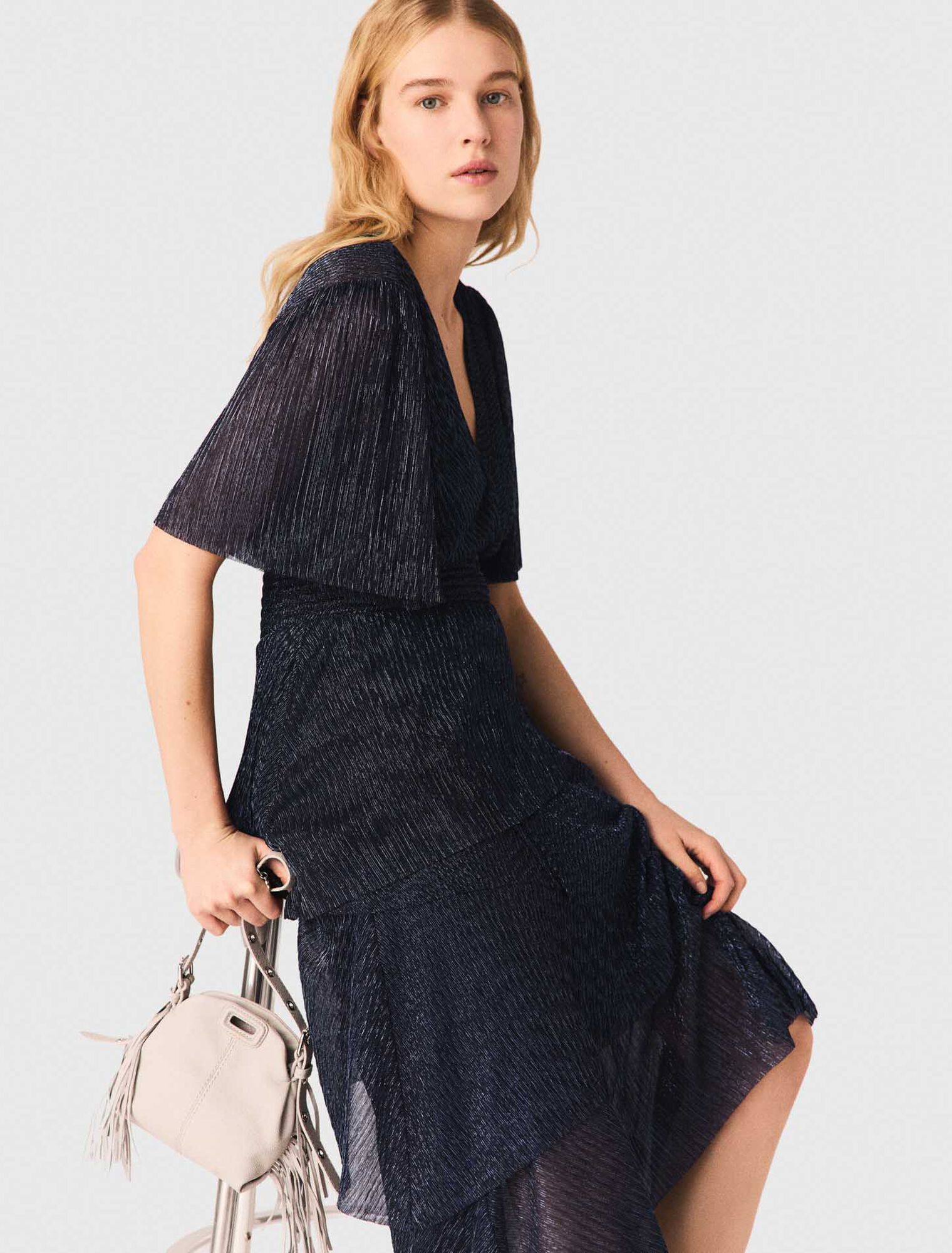 Metallic ruffled midi dress