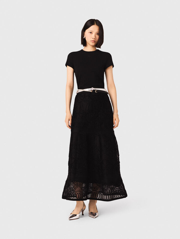 Embroidered basket-weave knit skirt