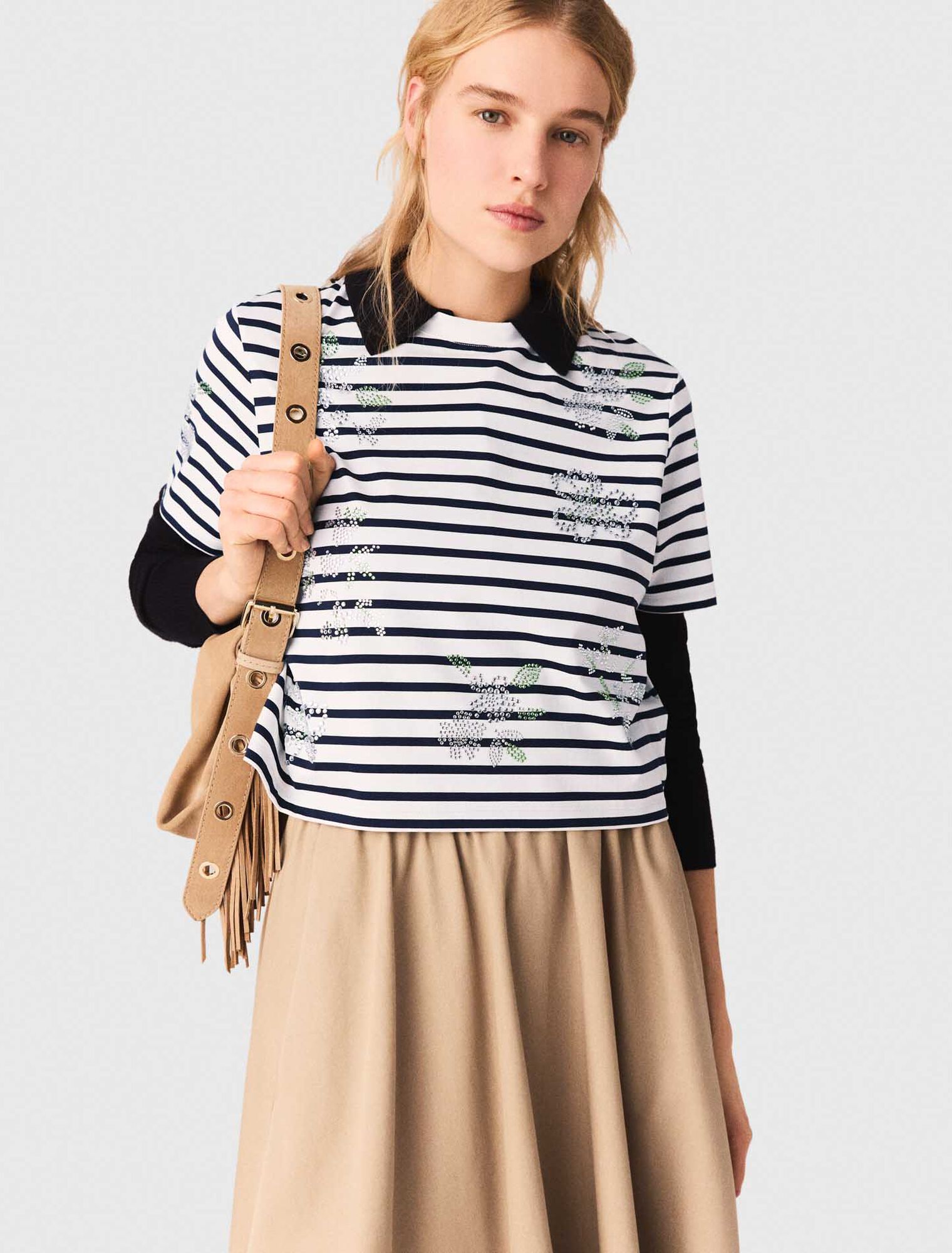 Striped rhinestone flower T-shirt