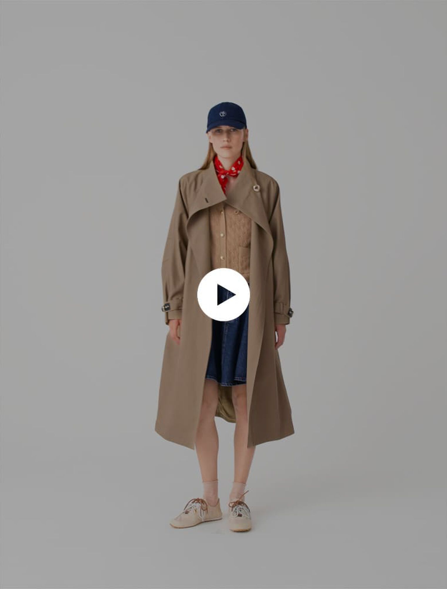 Long belted trench, gold buttons