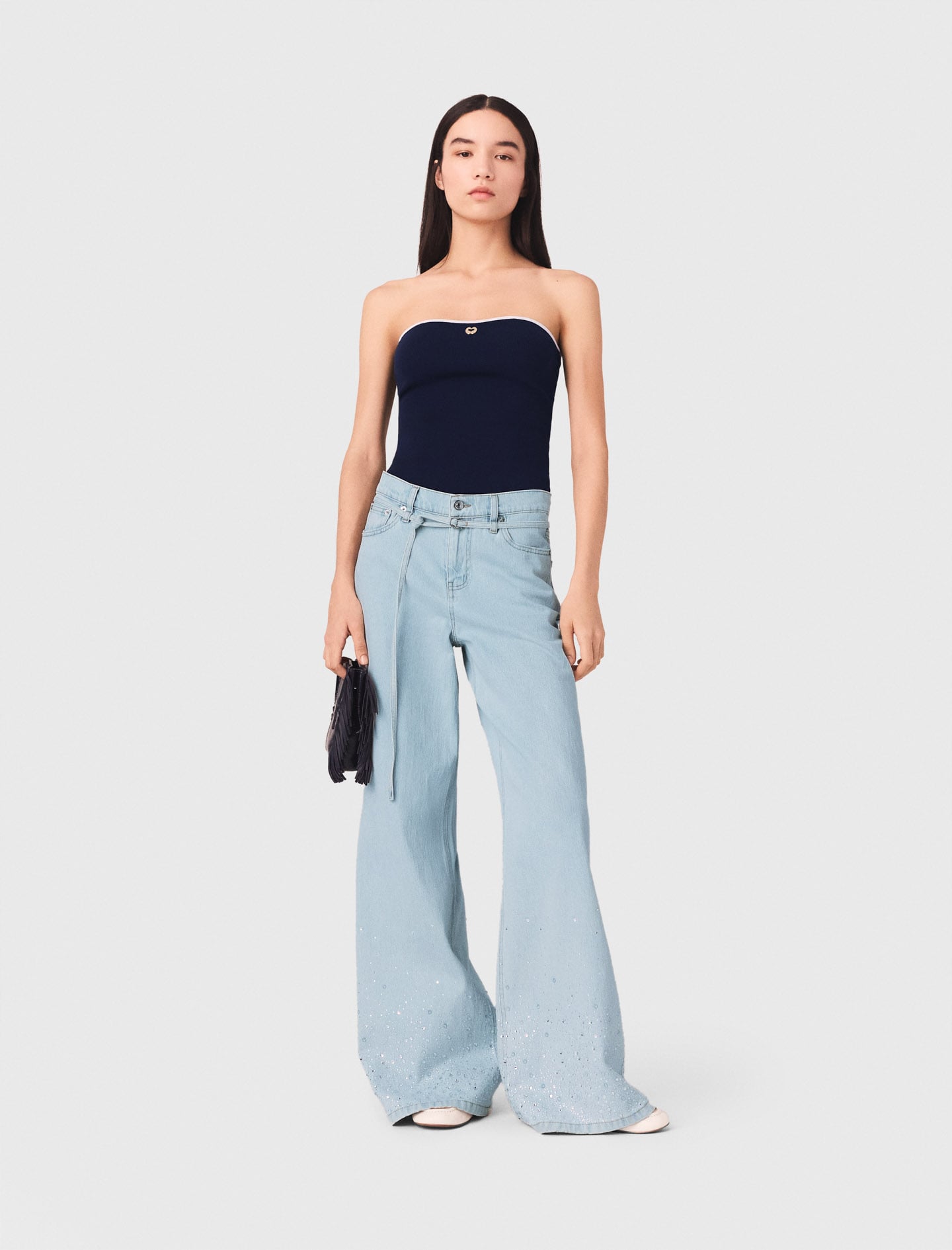 Wide-leg rhinestone jeans