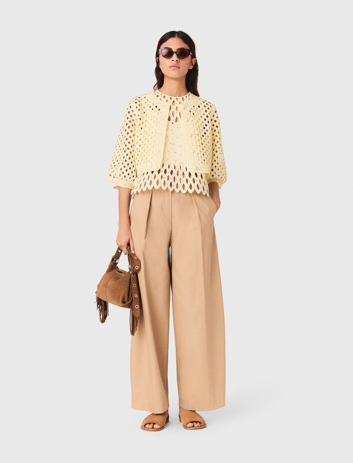 Rhinestone crochet cardigan Pale Yellow for Women | Maje