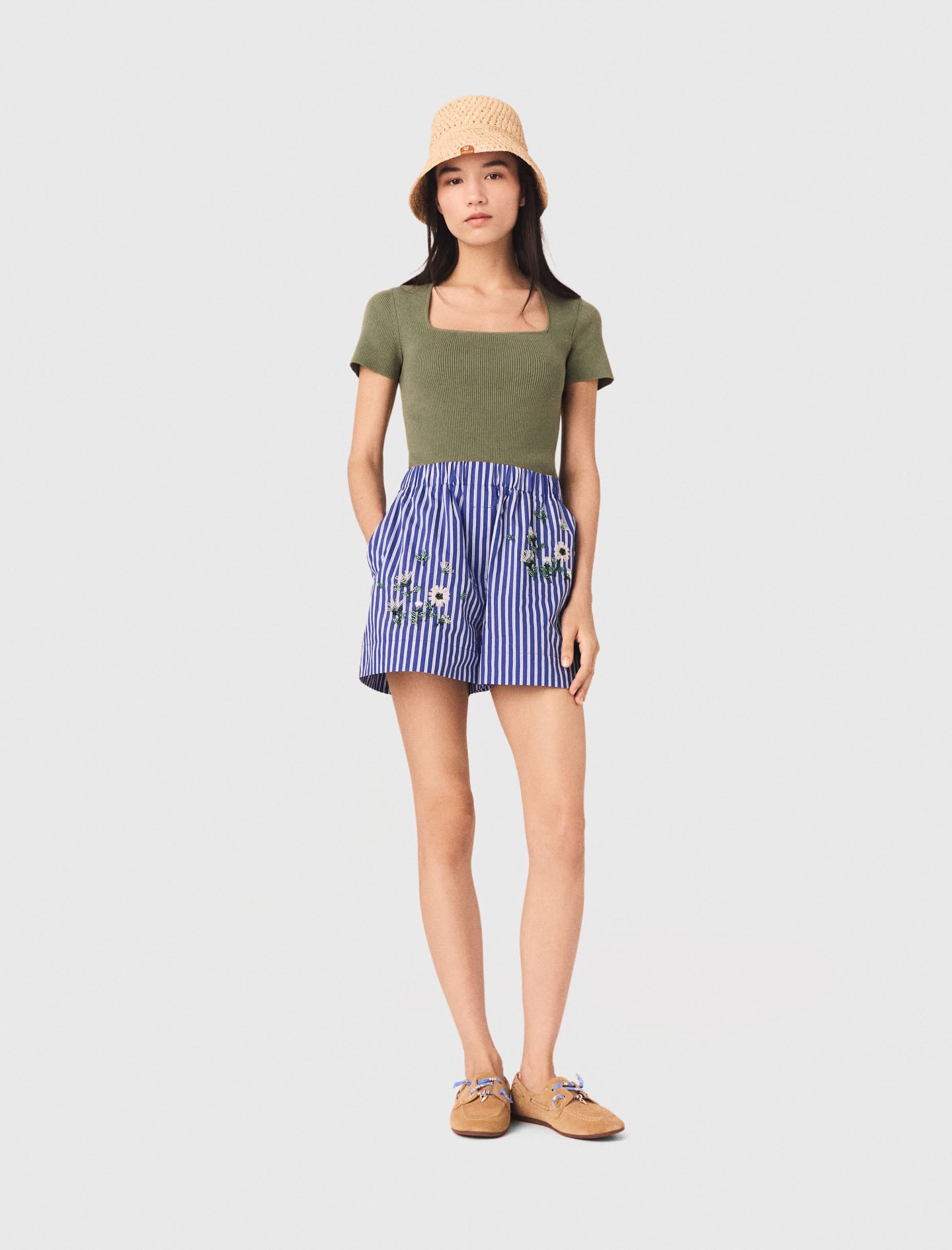 Embroidered striped cotton shorts