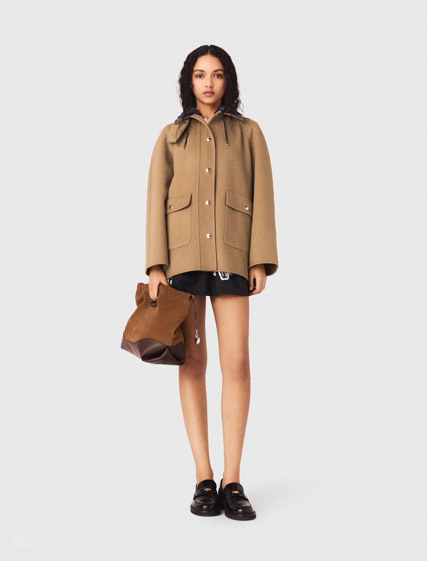 Wool coat with removable hood