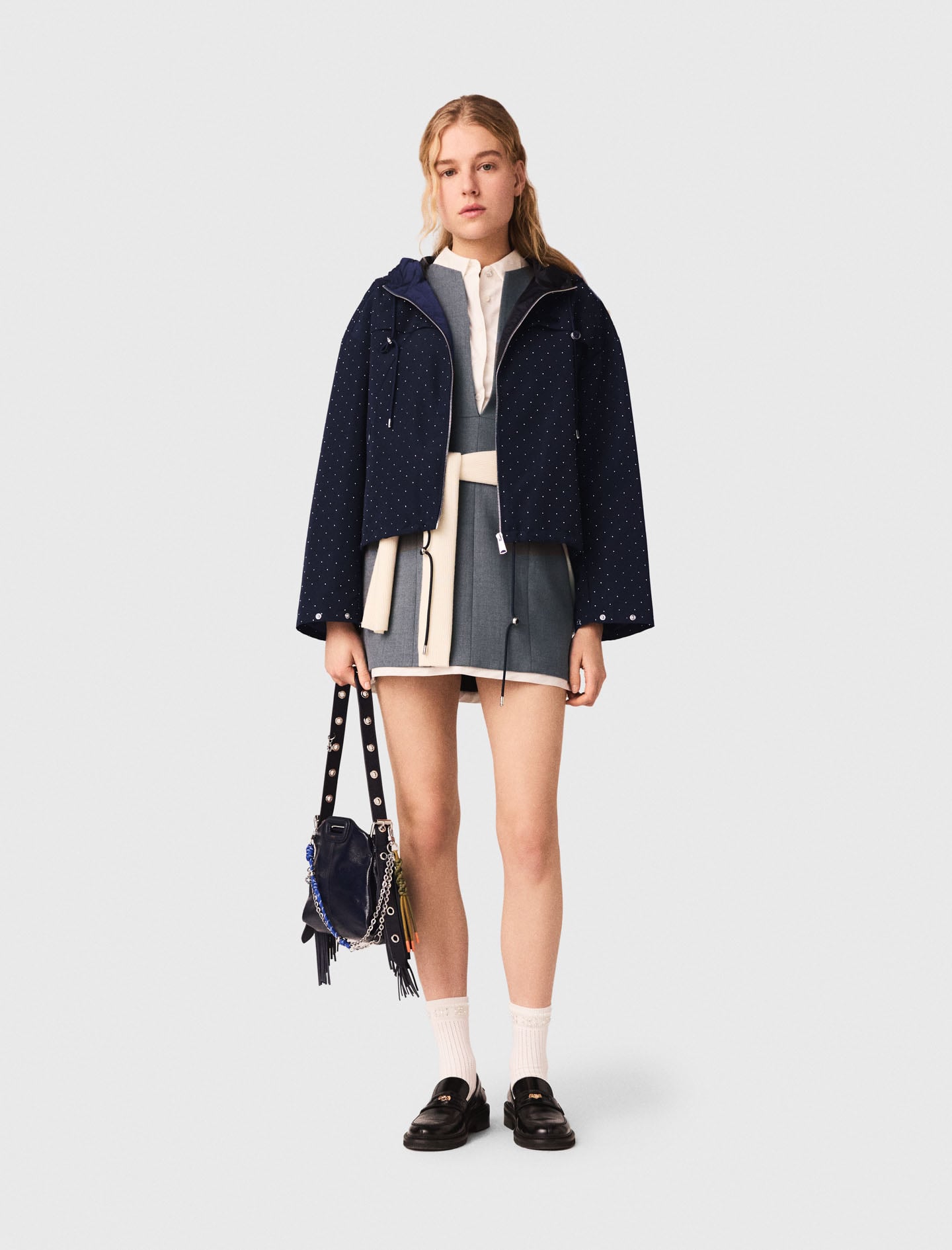 Hooded windbreaker with rhinestones